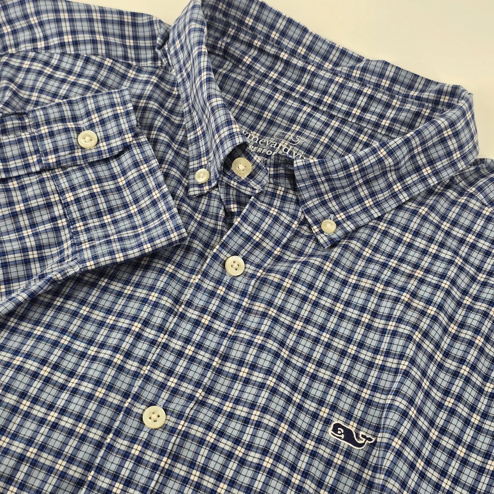 Vineyard Vines Performance Shirt Mens XL Blue Plaid Classic Fit Whale Shirt